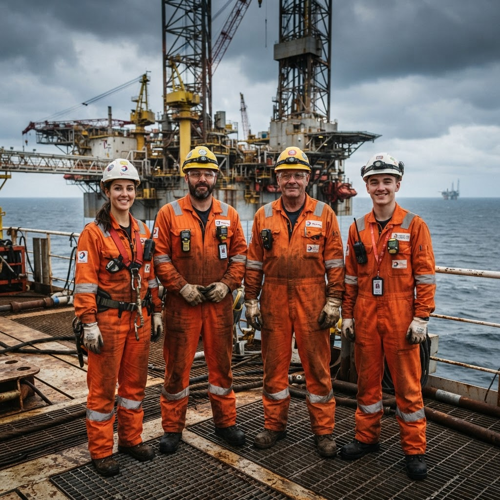 Offshore drilling crew in safety gear on a rig deck