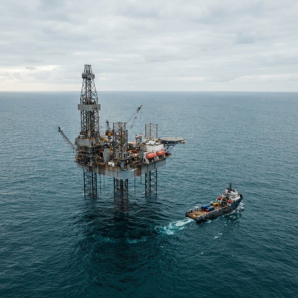 Offshore jack-up drilling rig at sea with support vessels