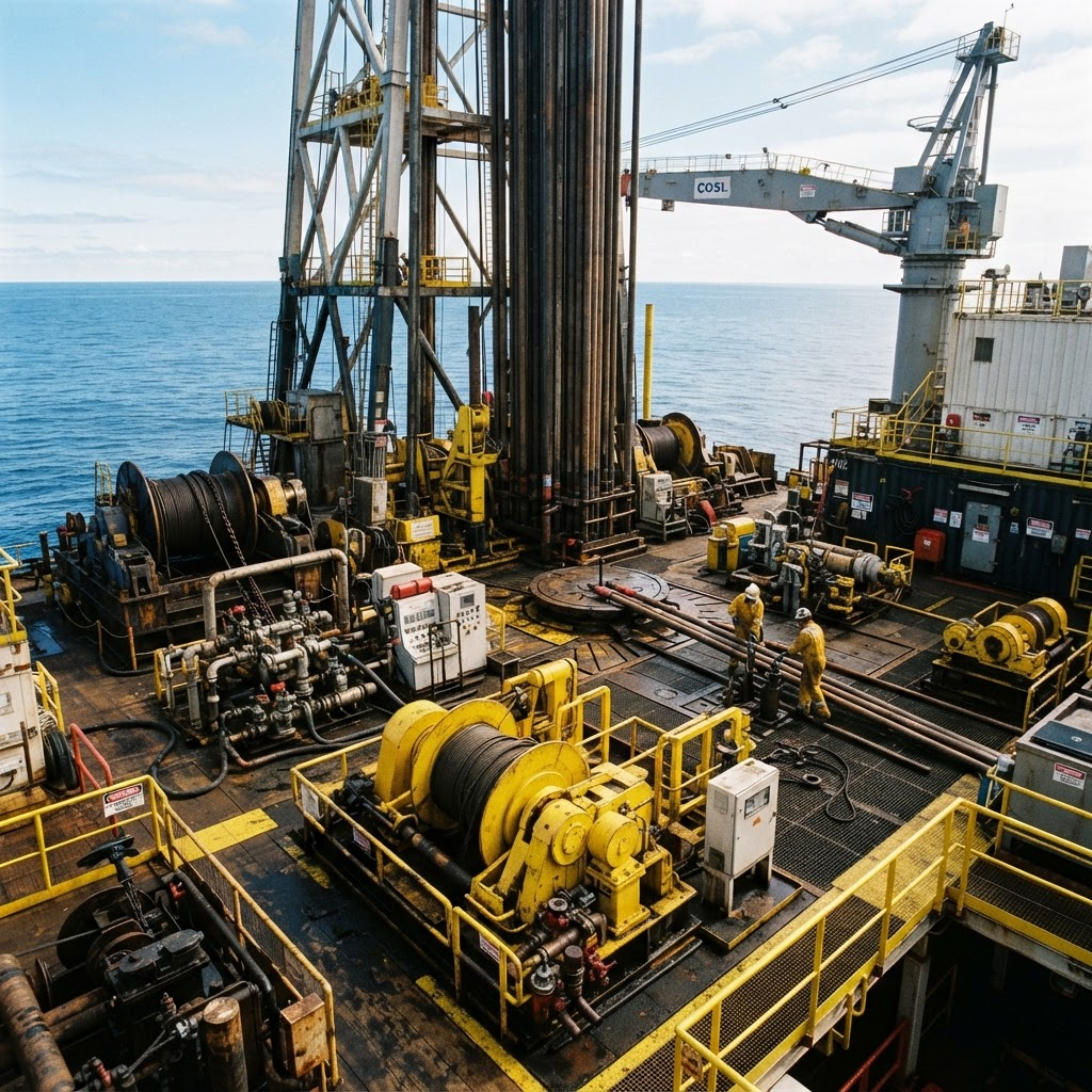 Offshore rig deck with safety-painted equipment